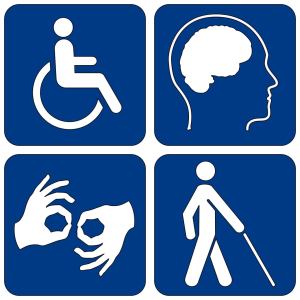 A 2x2 grid of four white-on-blue icons: 1. the international wheelchair accessibility sign; 2. the shape of a brain inside the outline of a head; 3. two hands making "OK" signs toward each other; 4. a pedestrian with a cane.